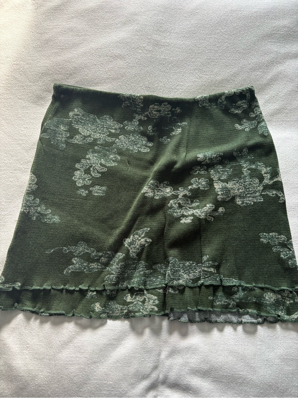 Free People Olive Green Floral Knit Mini Skirt with Ruffle Trim